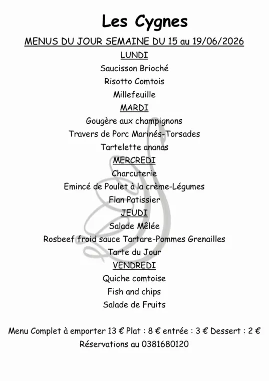 MENUS SEMAINE 25, Villers-le-Lac, Hôtel-Restaurant Les Cygnes