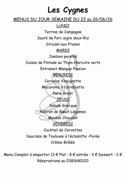MENUS SEMAINE 26, Villers-le-Lac, Hôtel-Restaurant Les Cygnes