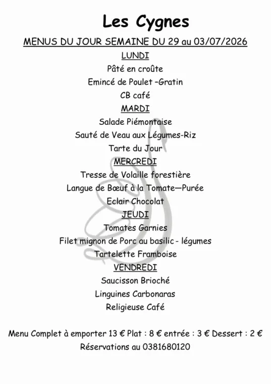 MENUS SEMAINE 27, Villers-le-Lac, Hôtel-Restaurant Les Cygnes