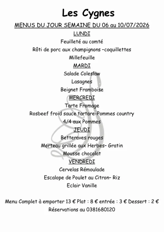 MENUS SEMAINE 28, Villers-le-Lac, Hôtel-Restaurant Les Cygnes