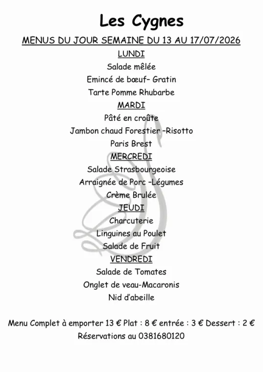 MENUS SEMAINE 2, Villers-le-Lac, Hôtel-Restaurant Les Cygnes