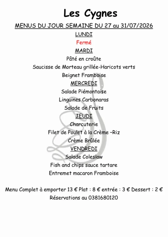 MENUS SEMAINE 31, Villers-le-Lac, Hôtel-Restaurant Les Cygnes