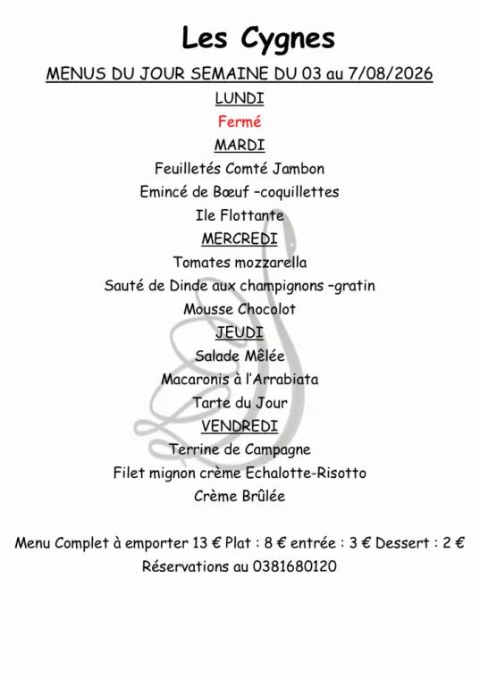 MENUS SEMAINE 32, Villers-le-Lac, Hôtel-Restaurant Les Cygnes