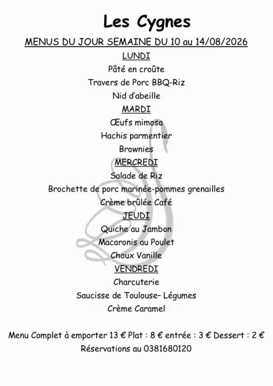 MENUS SEMAINE 33, Villers-le-Lac, Hôtel-Restaurant Les Cygnes