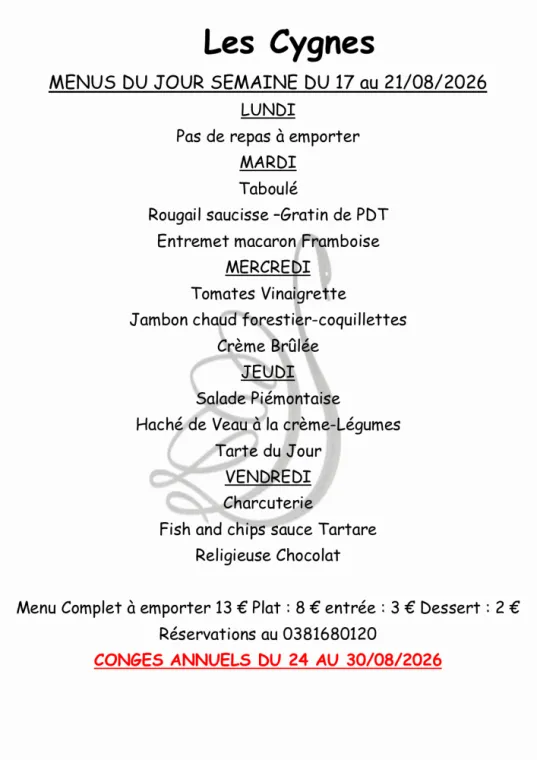 MENUS SEMAINE 34, Villers-le-Lac, Hôtel-Restaurant Les Cygnes