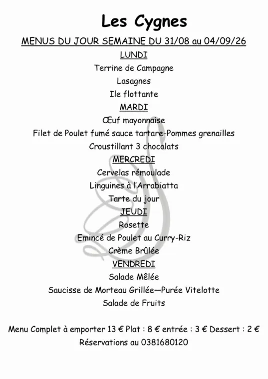 Menus à emporter semaine 36, Villers-le-Lac, Hôtel-Restaurant Les Cygnes