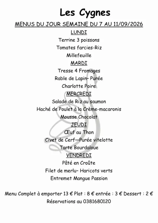 Menus à emporter semaine 37, Villers-le-Lac, Hôtel-Restaurant Les Cygnes
