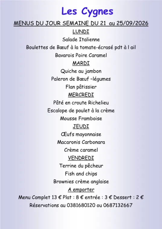 menus  à emporter semaine 39, Villers-le-Lac, Hôtel-Restaurant Les Cygnes