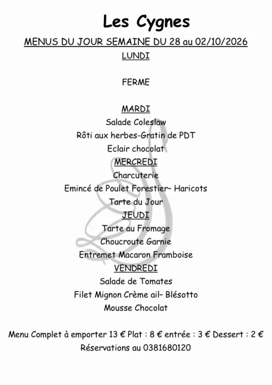 menus  à emporter semaine 40, Villers-le-Lac, Hôtel-Restaurant Les Cygnes