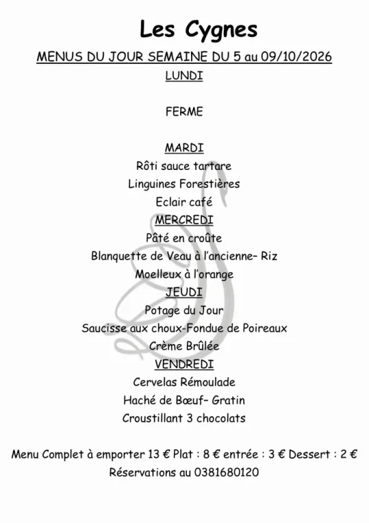 menus  à emporter semaine 41, Villers-le-Lac, Hôtel-Restaurant Les Cygnes