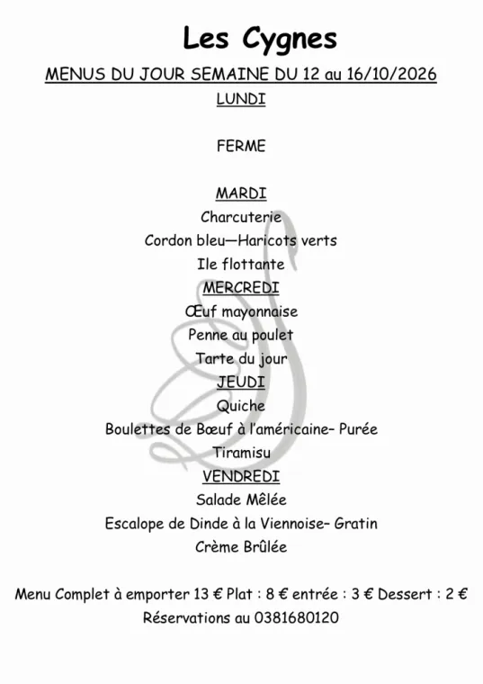 Menus à emporter semaine 42, Villers-le-Lac, Hôtel-Restaurant Les Cygnes